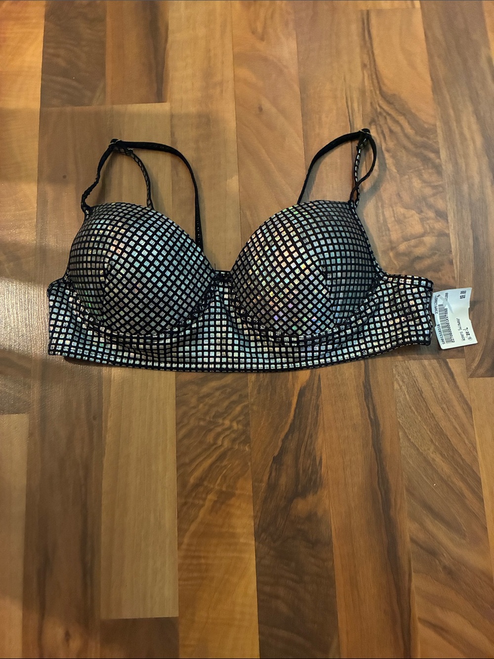 Black Holographic Grid Longline Bra - Women Intimates